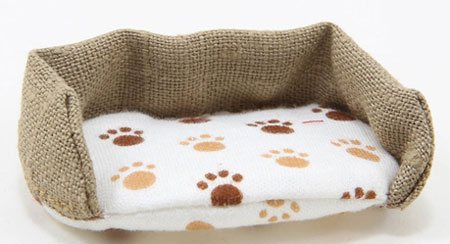 Dollhouse miniature DOG BED, LARGE, PAW PRINT WITH BURLAP FABRIC